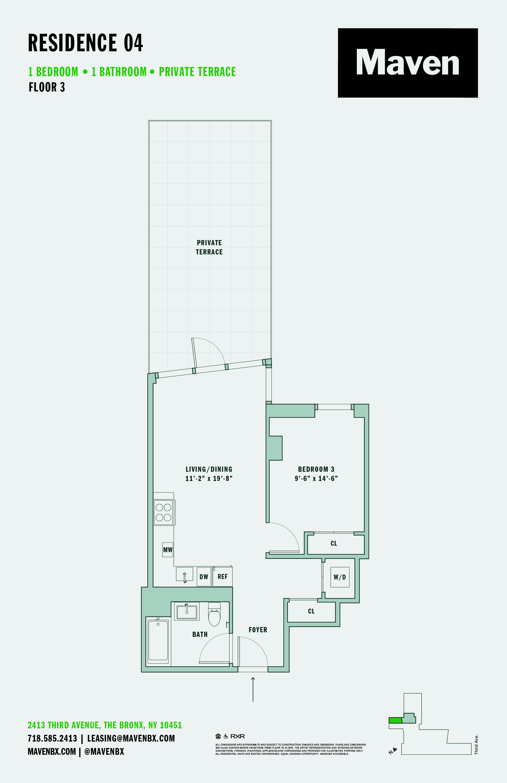 Floor plan for 1 bed, 1 bath, 615 sqft
